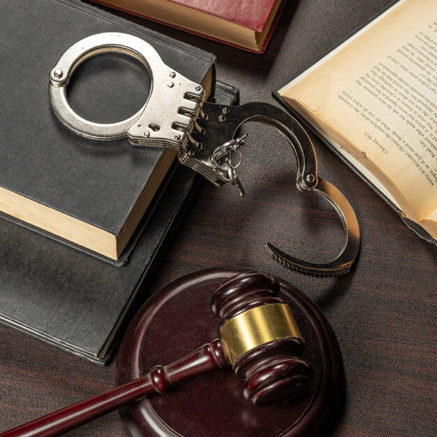 Handcuff with gavel and law books - justice theme.
